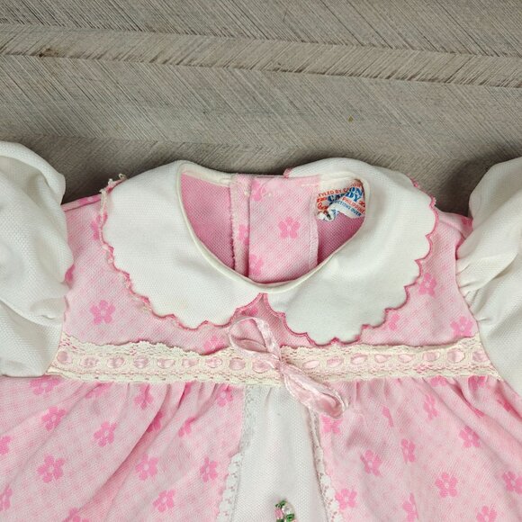 Vintage Catton Candy Baby Girl Dress 0-6 mo Pink White Floral Lace Accents - Picture 3 of 6